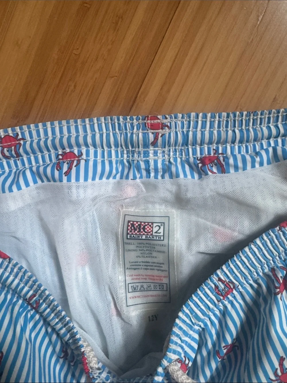 MC2 Saint Barth Kids Light Blue & White Striped Swim Shorts with Red Crab Print